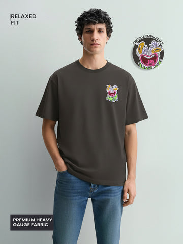 Men's Grey Relaxed Fit Embroided 240 GSM Graphic  T-Shirt