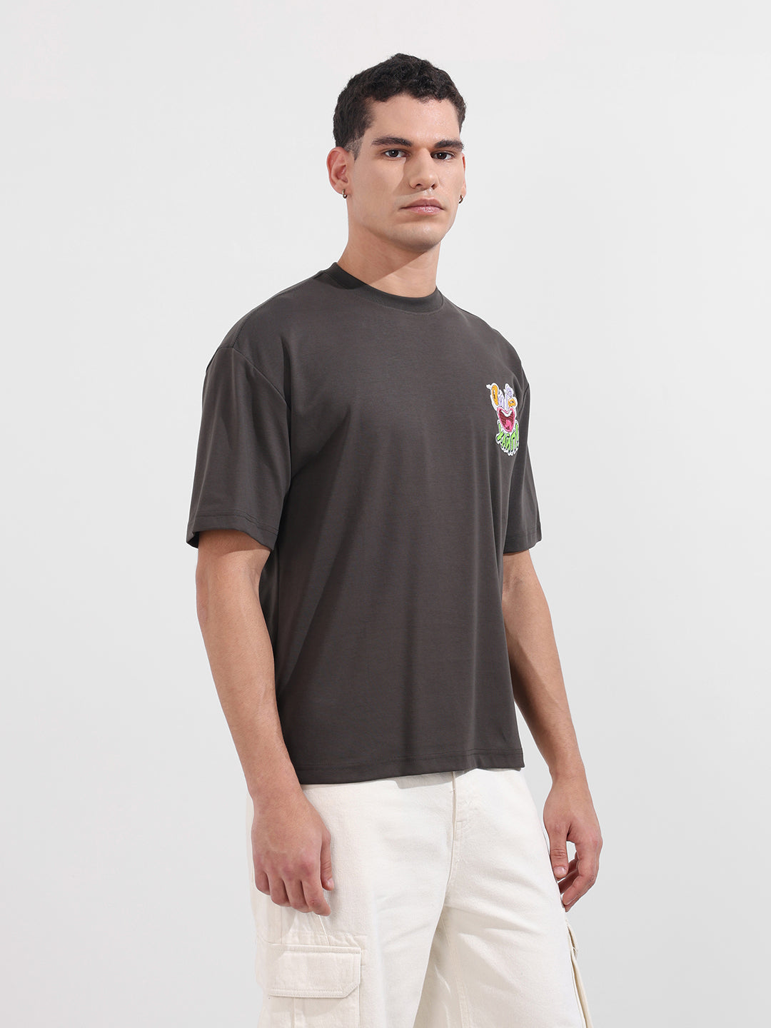 Men's Grey Relaxed Fit Embroided 240 GSM Graphic  T-Shirt