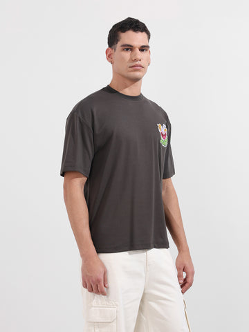 Men's Grey Relaxed Fit Embroided 240 GSM Graphic  T-Shirt