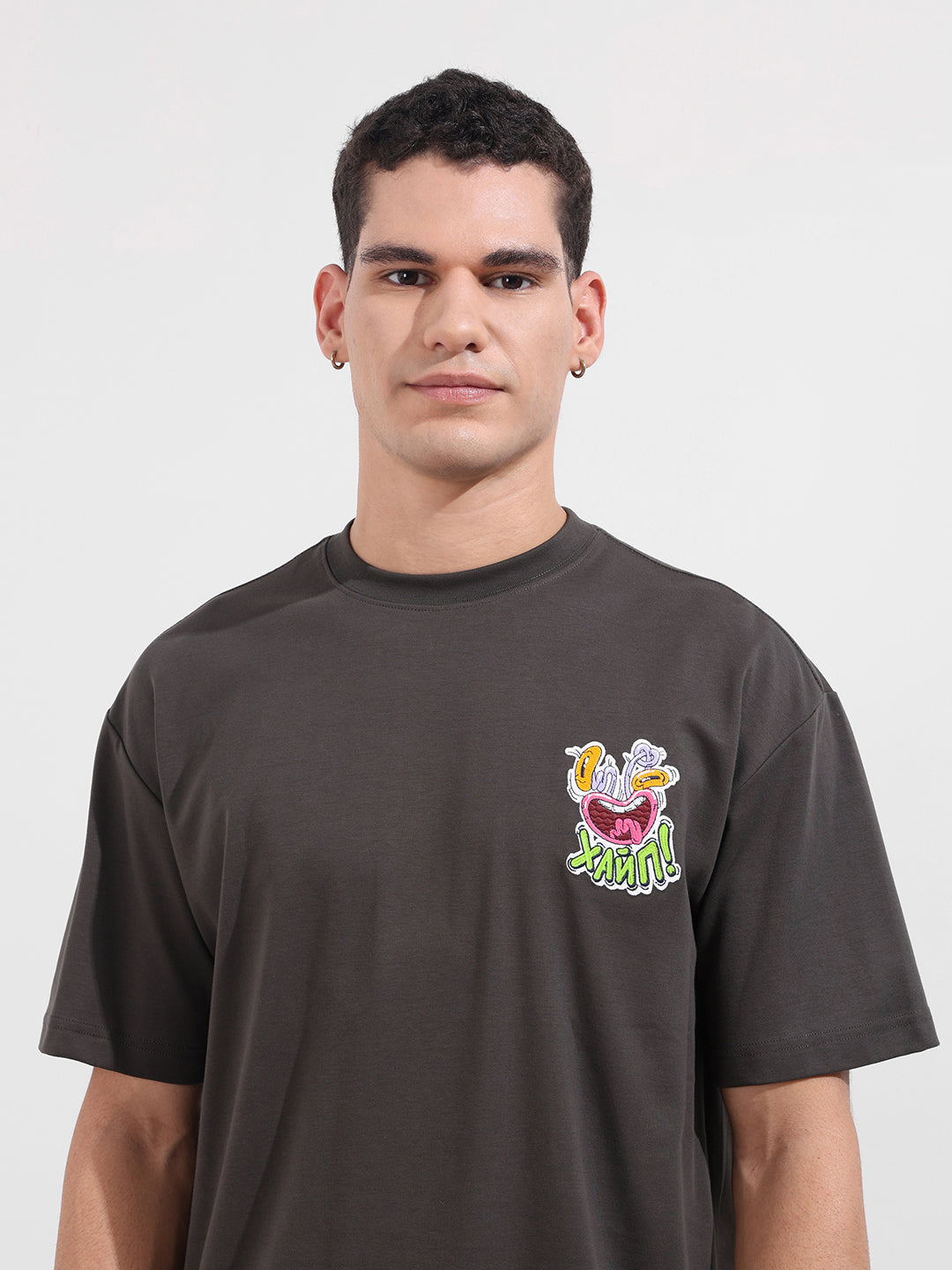 Men's Grey Relaxed Fit Embroided 240 GSM Graphic  T-Shirt