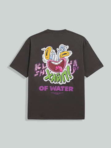 Men's Grey Relaxed Fit Embroided 240 GSM Graphic  T-Shirt