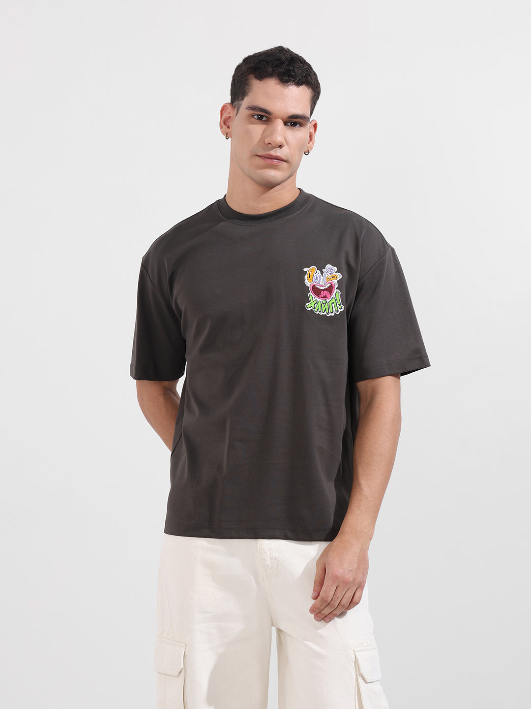 Men's Grey Relaxed Fit Embroided 240 GSM Graphic  T-Shirt