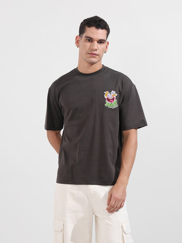 Men's Grey Relaxed Fit Embroided 240 GSM Graphic  T-Shirt