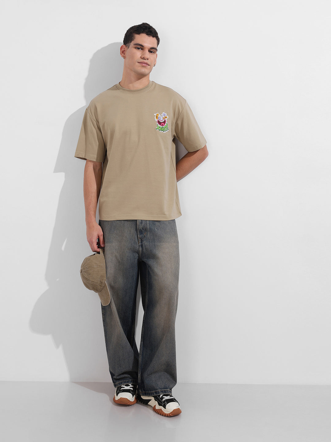 Men's Beige Relaxed Fit Embroided 240 GSM Graphic  T-Shirt
