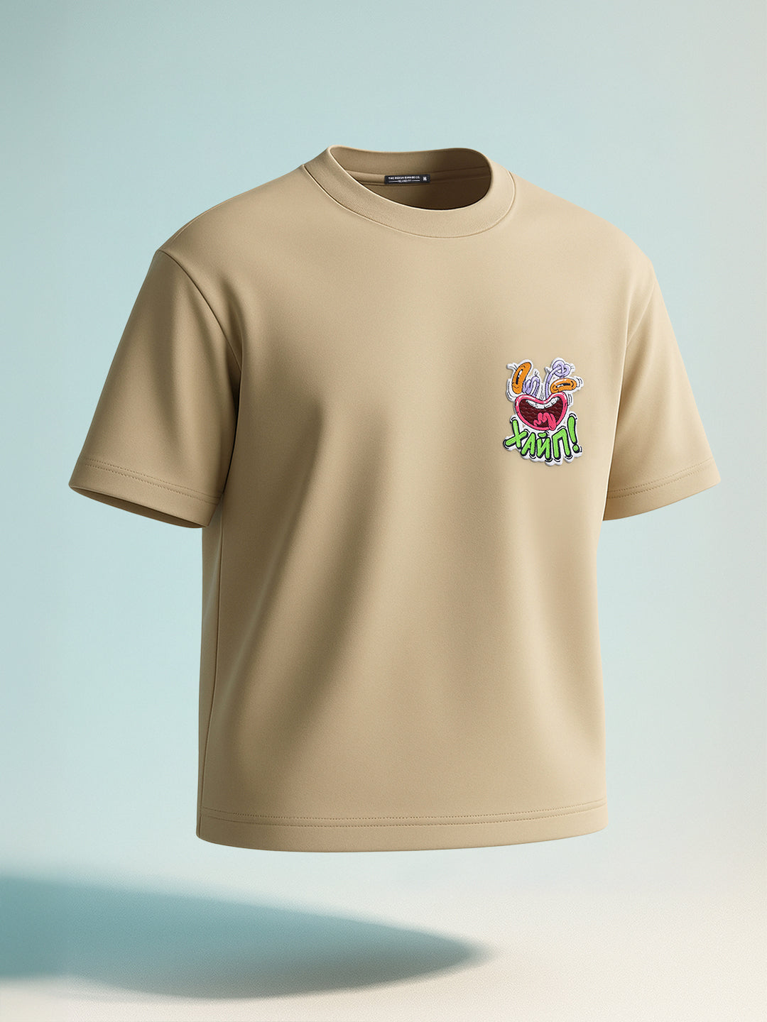 Men's Beige Relaxed Fit Embroided 240 GSM Graphic  T-Shirt