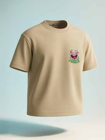 Men's Beige Relaxed Fit Embroided 240 GSM Graphic  T-Shirt