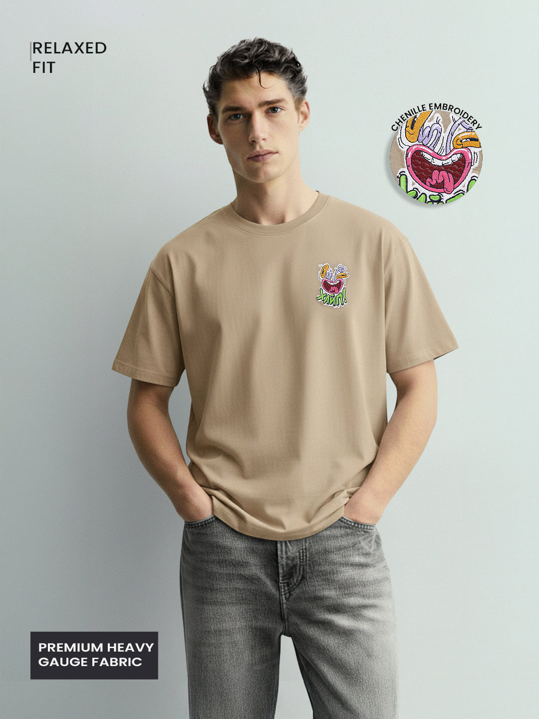 Men's Beige Relaxed Fit Embroided 240 GSM Graphic  T-Shirt