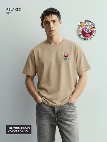 Men's Beige Relaxed Fit Embroided 240 GSM Graphic  T-Shirt