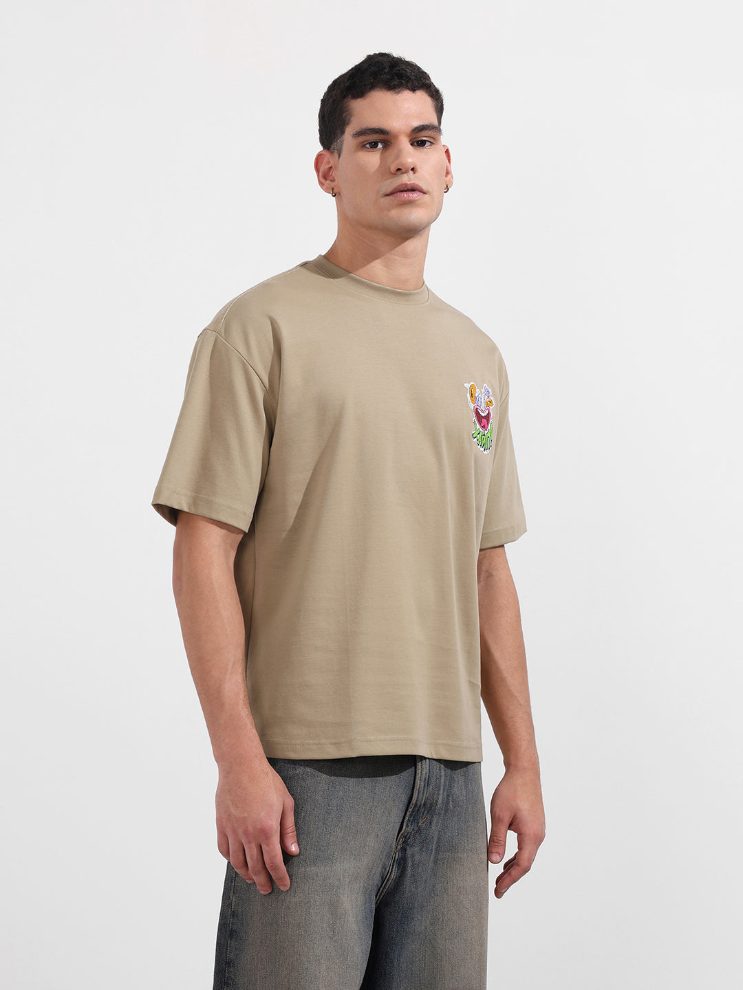 Men's Beige Relaxed Fit Embroided 240 GSM Graphic  T-Shirt