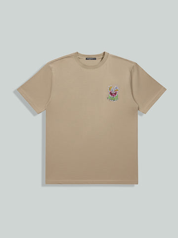 Men's Beige Relaxed Fit Embroided 240 GSM Graphic  T-Shirt