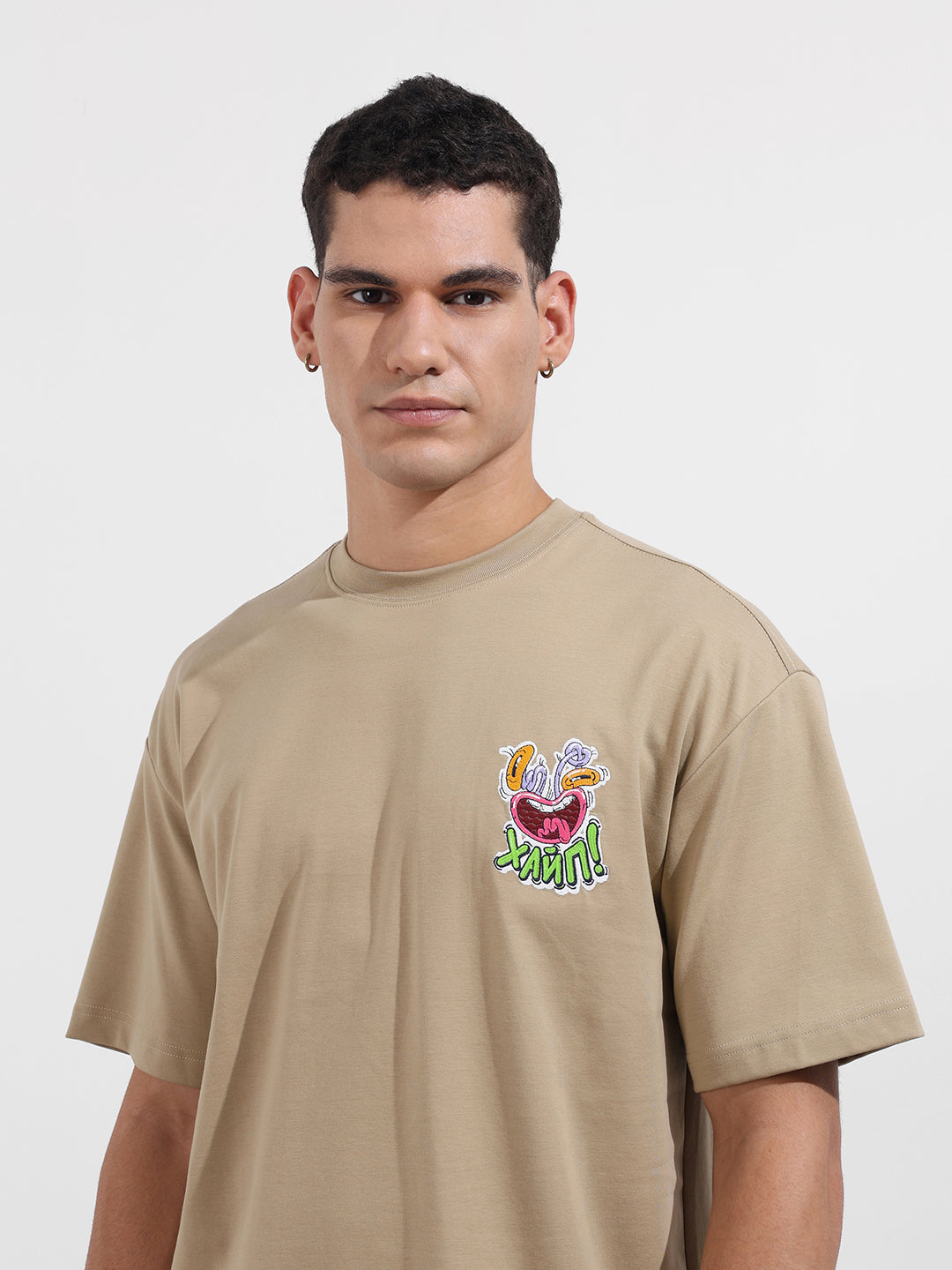 Men's Beige Relaxed Fit Embroided 240 GSM Graphic  T-Shirt