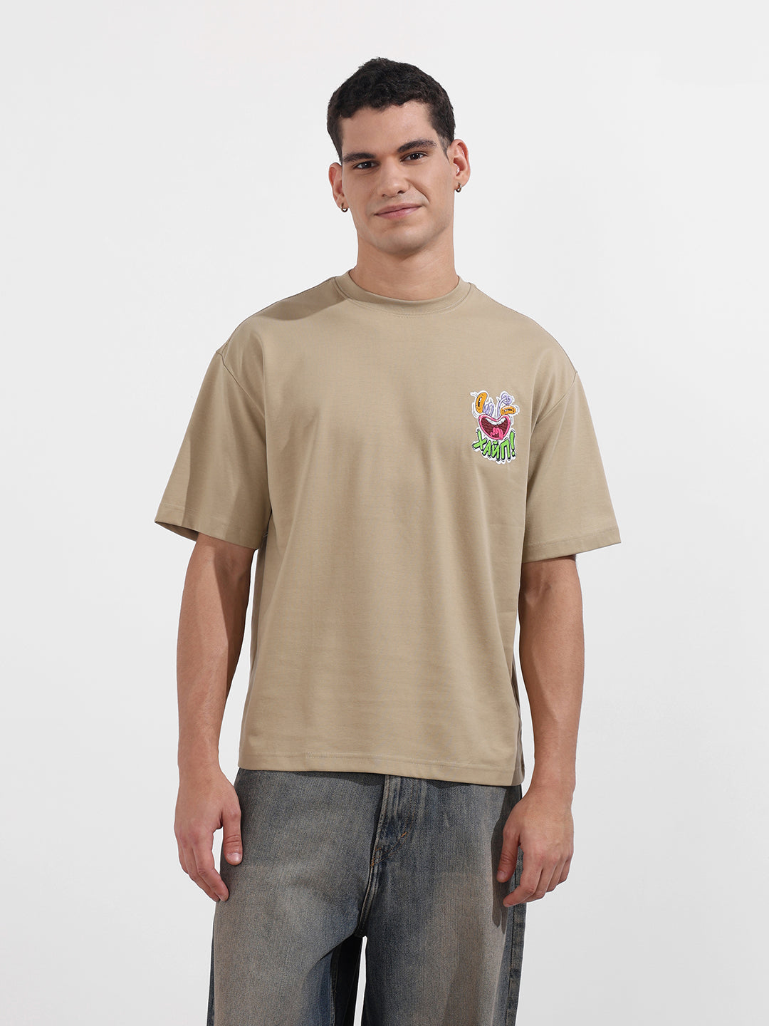 Men's Beige Relaxed Fit Embroided 240 GSM Graphic  T-Shirt