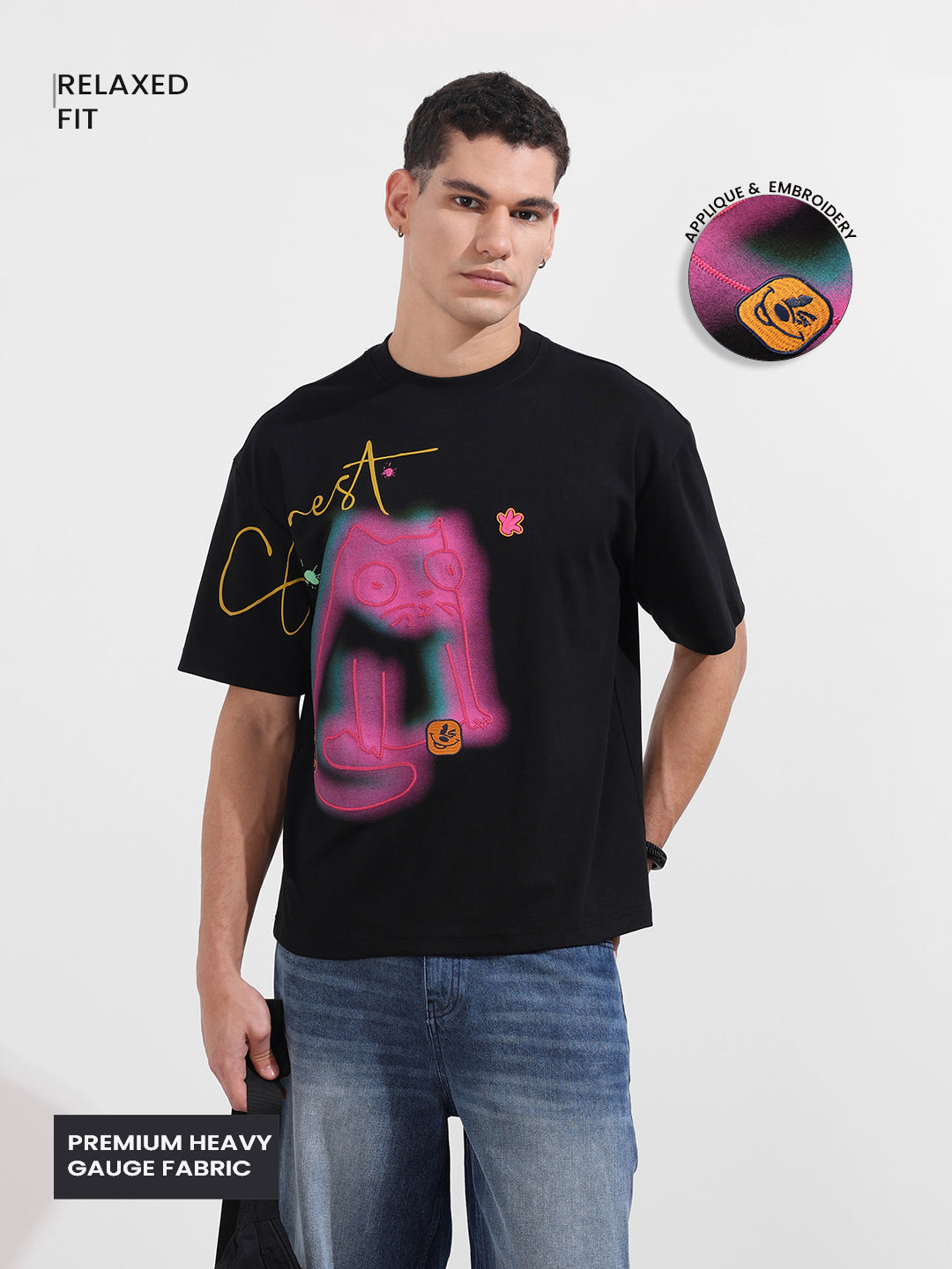 Men's Black Relaxed Fit Embroided 240 GSM Casual T-Shirt