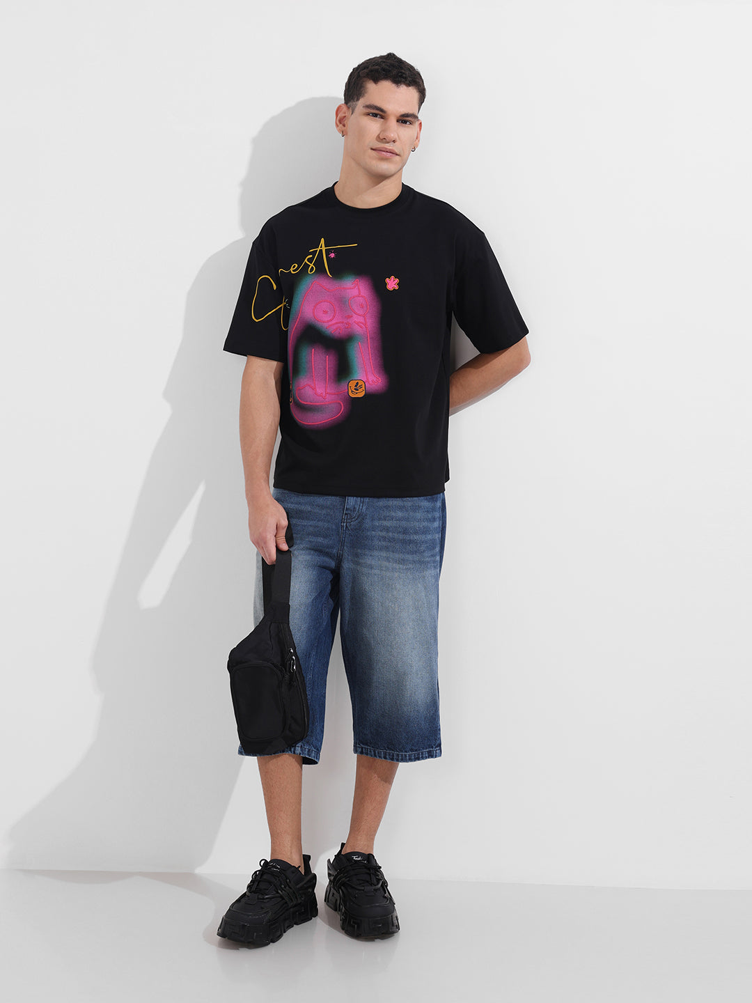 Men's Black Relaxed Fit Embroided 240 GSM Casual T-Shirt