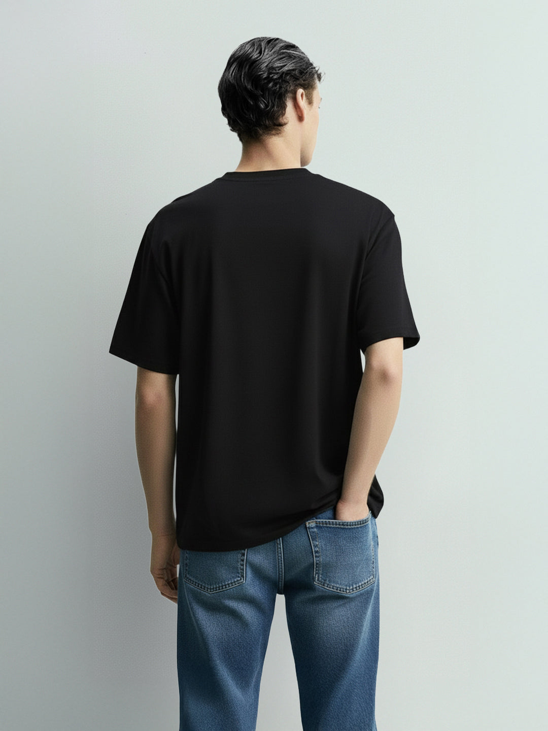 Men's Black Relaxed Fit Embroided 240 GSM Casual T-Shirt