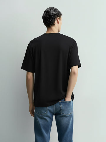 Men's Black Relaxed Fit Embroided 240 GSM Casual T-Shirt