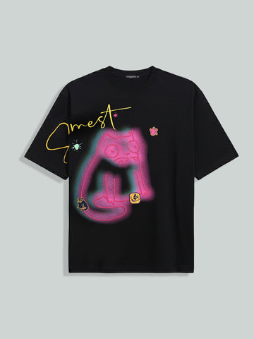 Men's Black Relaxed Fit Embroided 240 GSM Casual T-Shirt