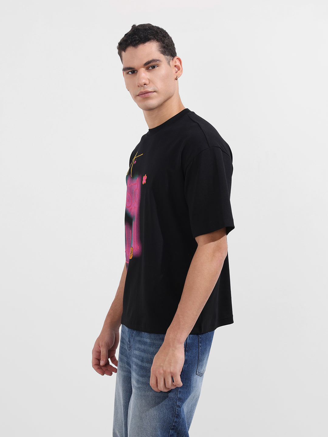 Men's Black Relaxed Fit Embroided 240 GSM Casual T-Shirt