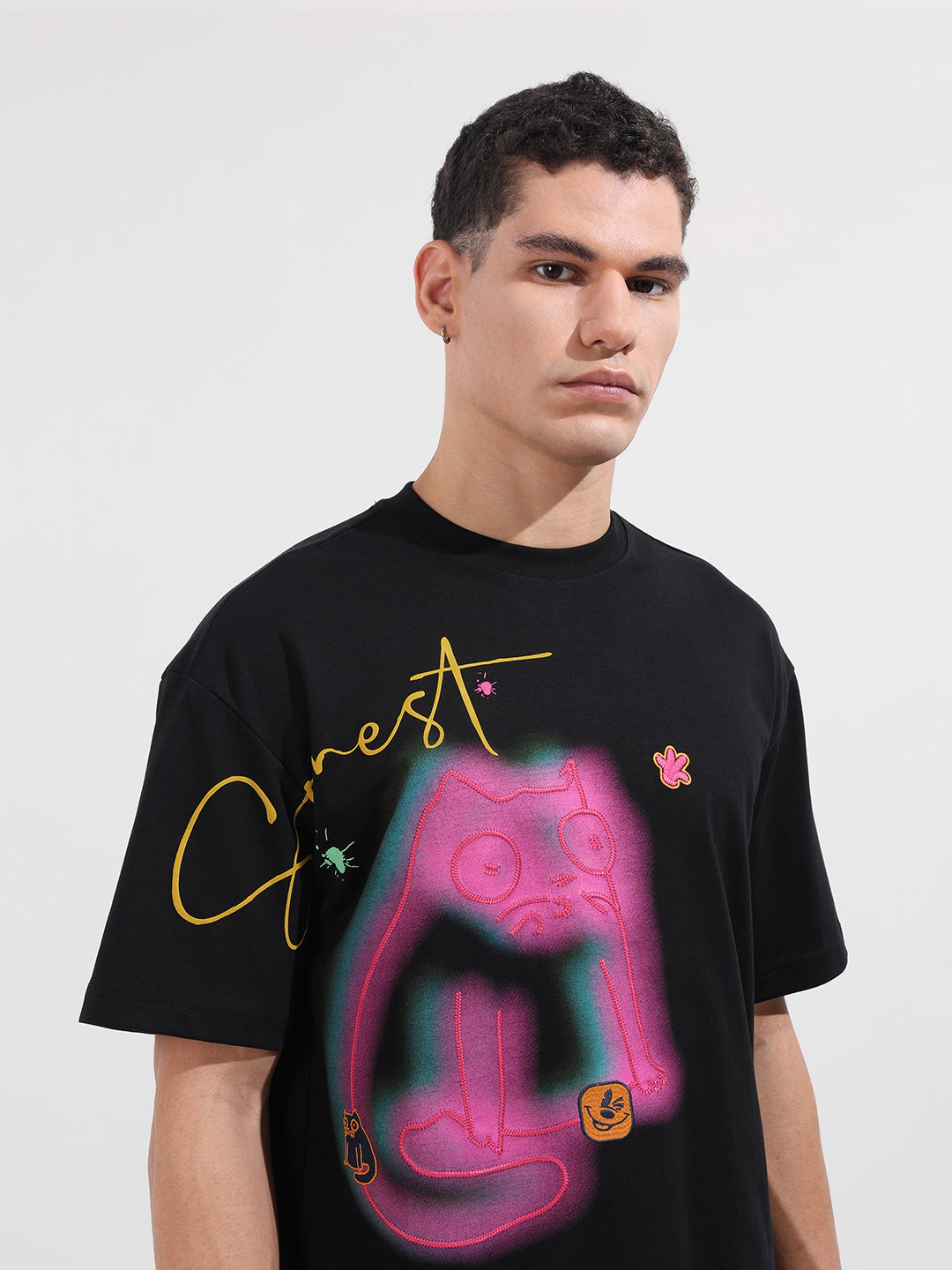 Men's Black Relaxed Fit Embroided 240 GSM Casual T-Shirt