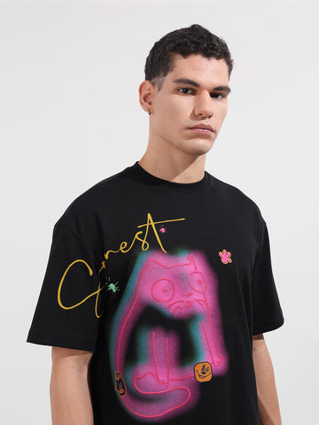 Men's Black Relaxed Fit Embroided 240 GSM Casual T-Shirt