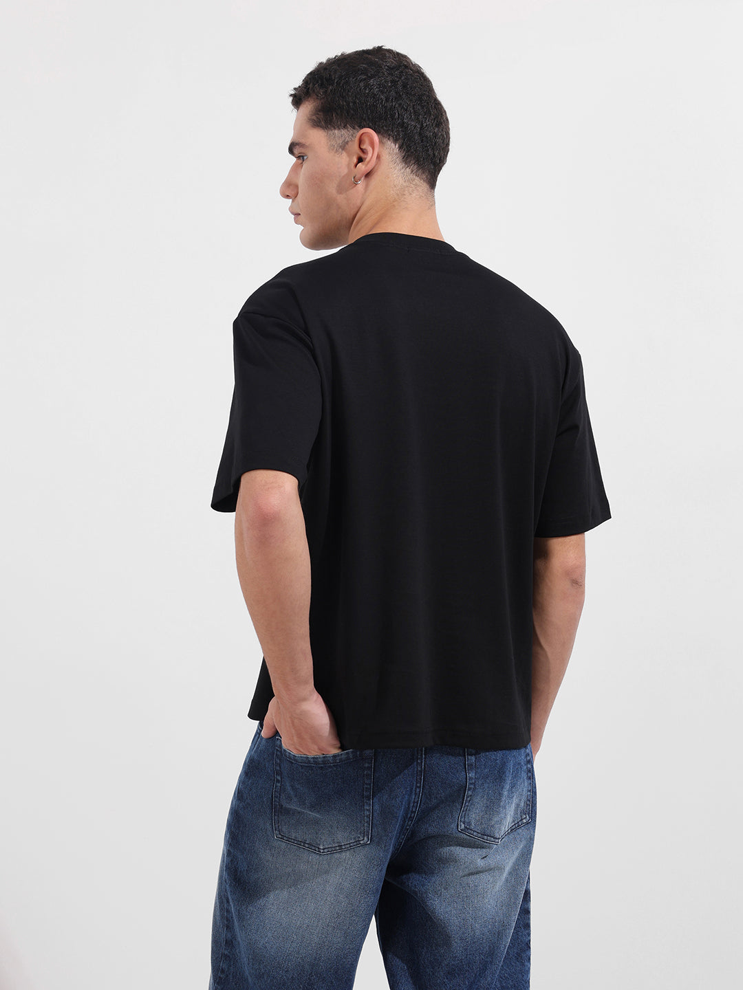 Men's Black Relaxed Fit Embroided 240 GSM Casual T-Shirt