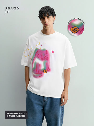 Men's White Relaxed Fit Embroided 240 GSM Casual T-Shirt