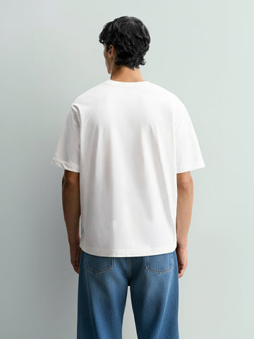 Men's White Relaxed Fit Embroided 240 GSM Casual T-Shirt