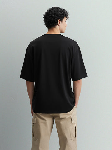 Men's Black Relaxed Fit Embroided 240 GSM Casual T-Shirt