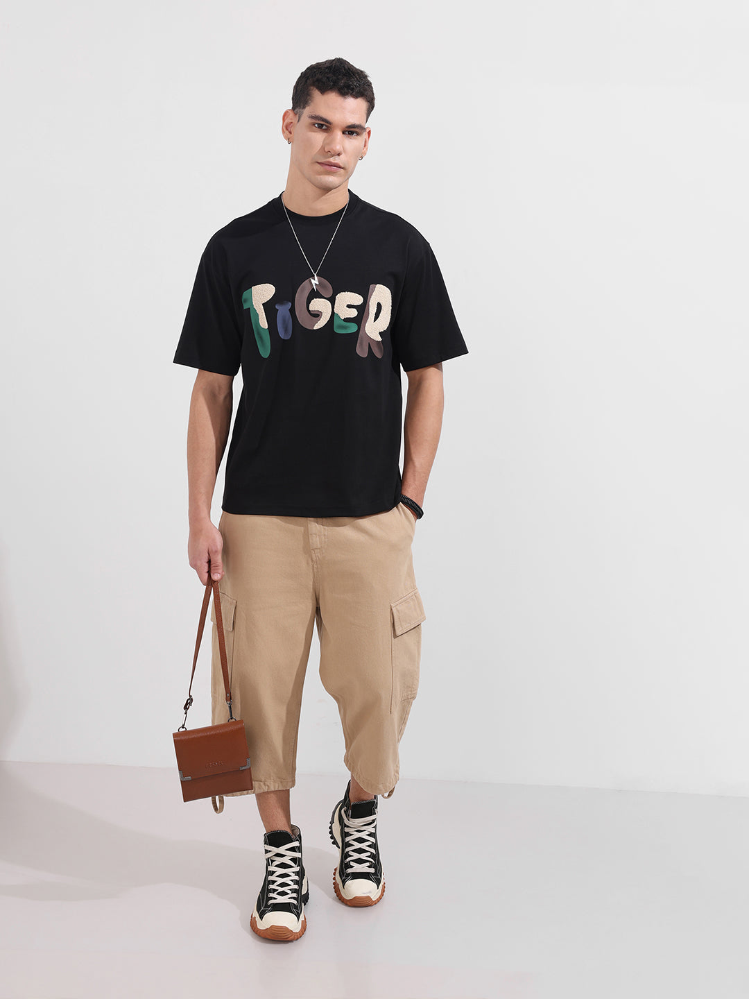 Men's Black Relaxed Fit Embroided 240 GSM Casual T-Shirt