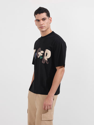 Men's Black Relaxed Fit Embroided 240 GSM Casual T-Shirt