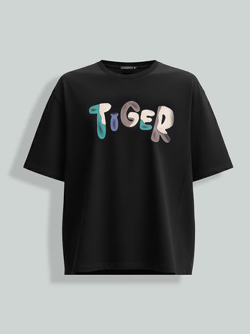 Men's Black Relaxed Fit Embroided 240 GSM Casual T-Shirt