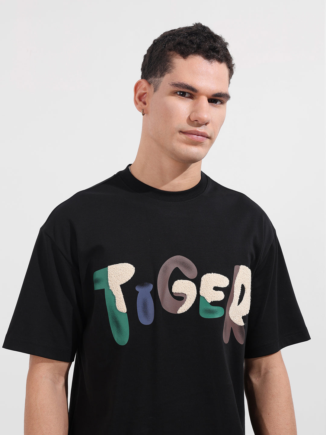 Men's Black Relaxed Fit Embroided 240 GSM Casual T-Shirt