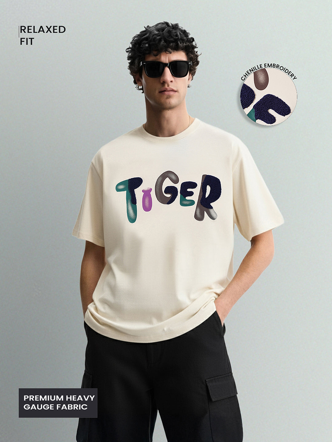 Men's Cream Relaxed Fit Embroided 240 GSM Casual T-Shirt