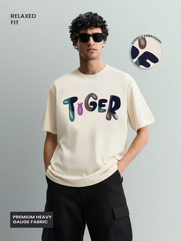 Men's Cream Relaxed Fit Embroided 240 GSM Casual T-Shirt