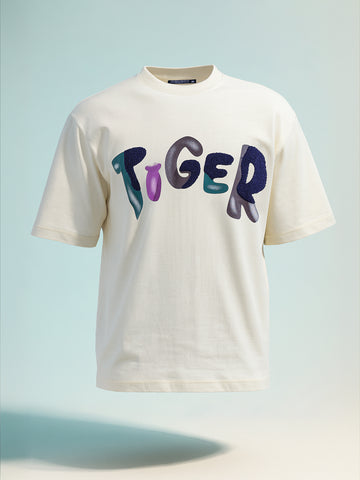Men's Cream Relaxed Fit Embroided 240 GSM Casual T-Shirt