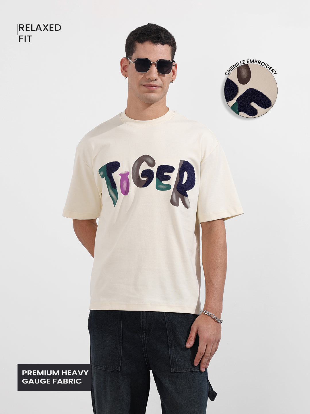 Men's Cream Relaxed Fit Embroided 240 GSM Casual T-Shirt