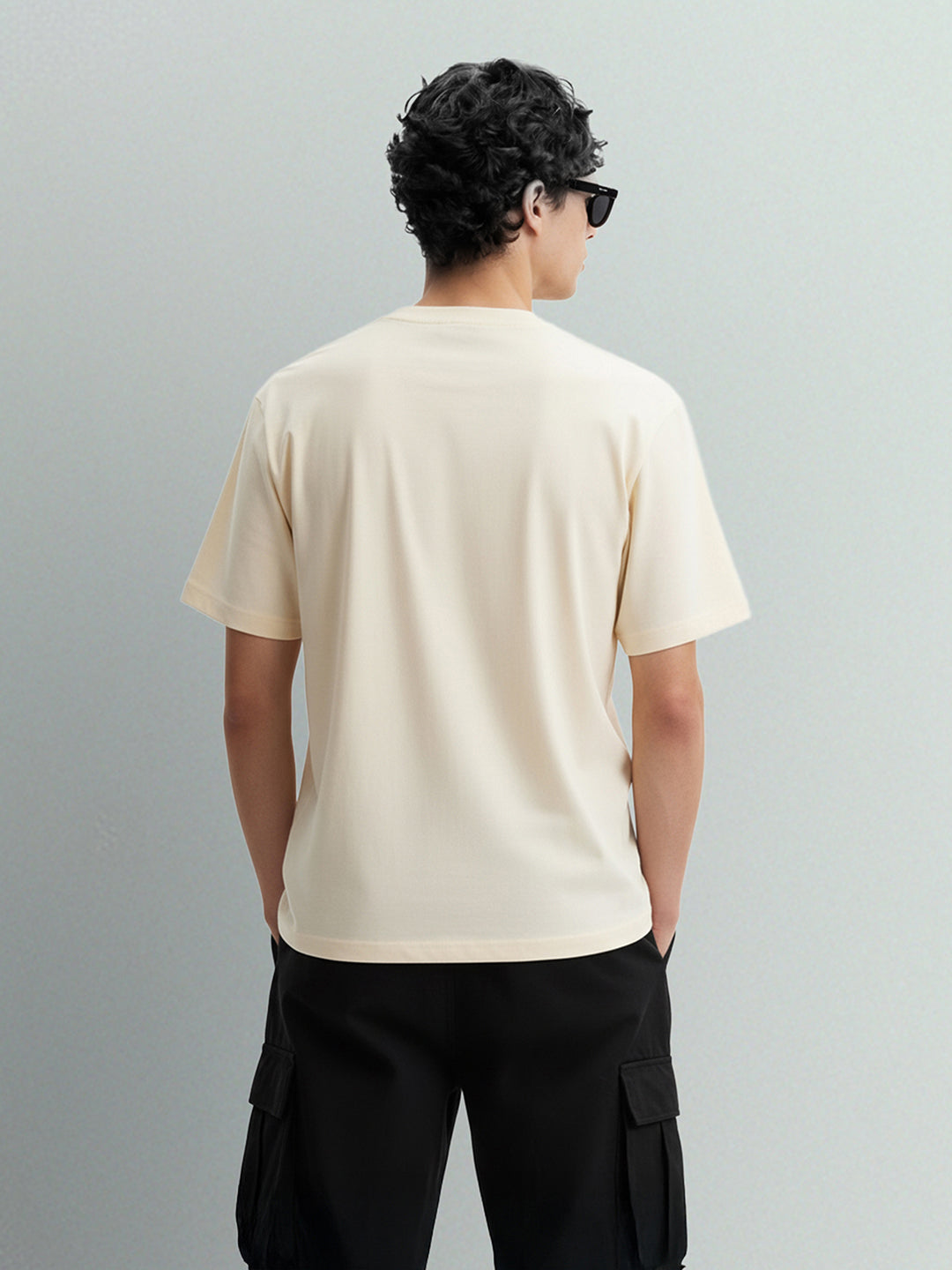 Men's Cream Relaxed Fit Embroided 240 GSM Casual T-Shirt