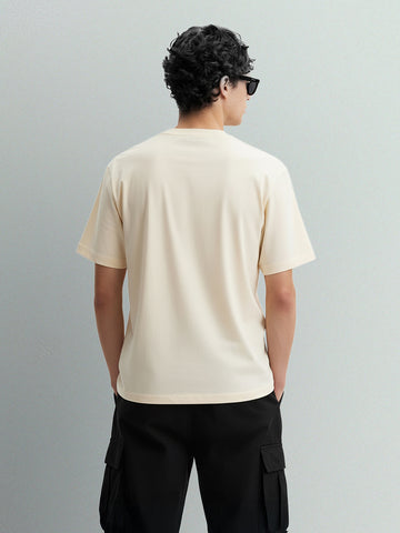 Men's Cream Relaxed Fit Embroided 240 GSM Casual T-Shirt