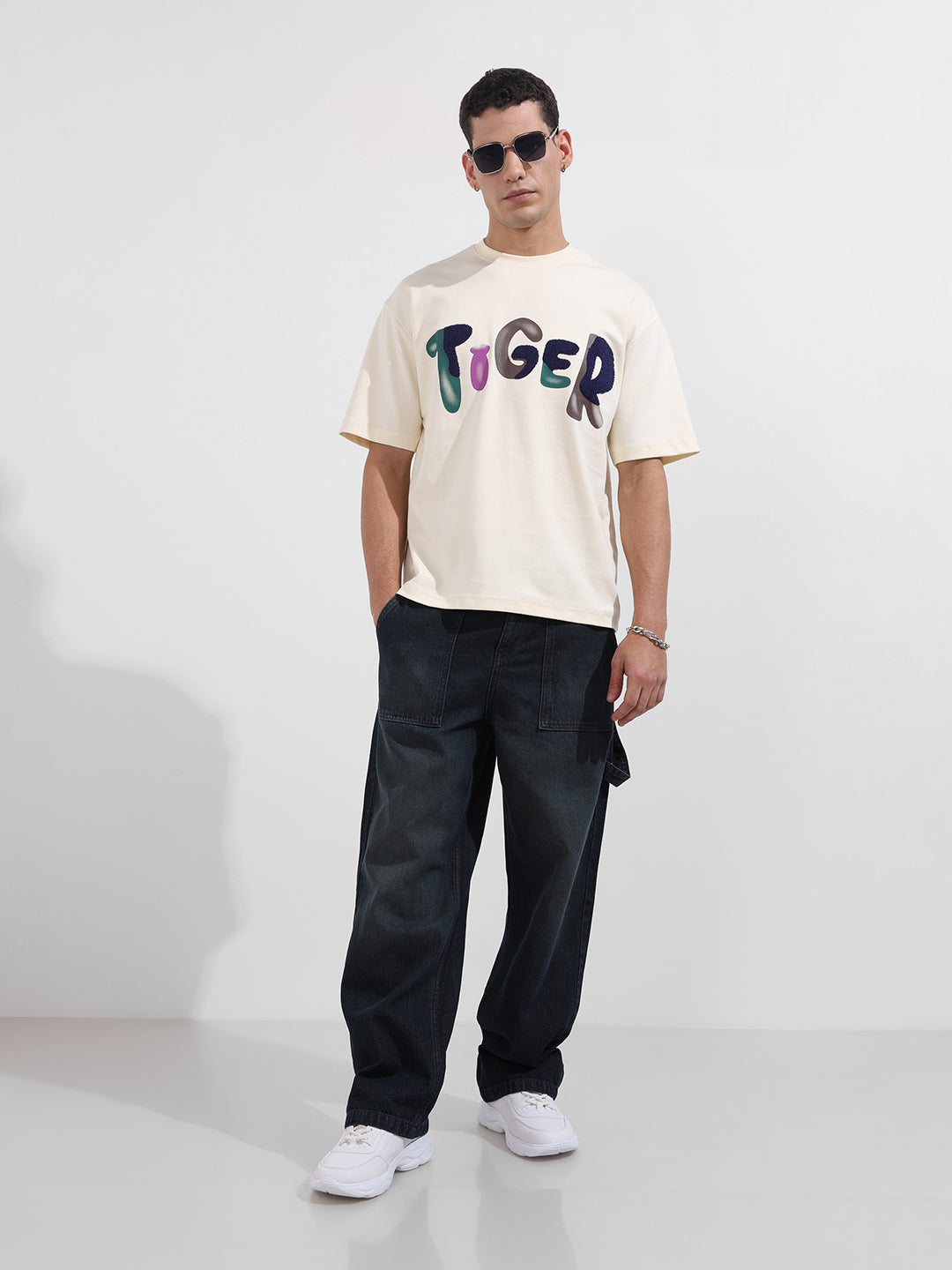 Men's Cream Relaxed Fit Embroided 240 GSM Casual T-Shirt