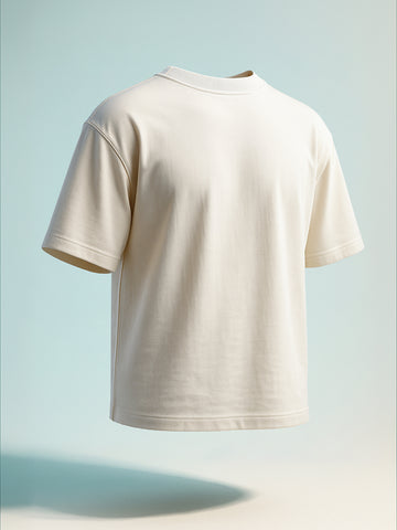 Men's Cream Relaxed Fit Embroided 240 GSM Casual T-Shirt