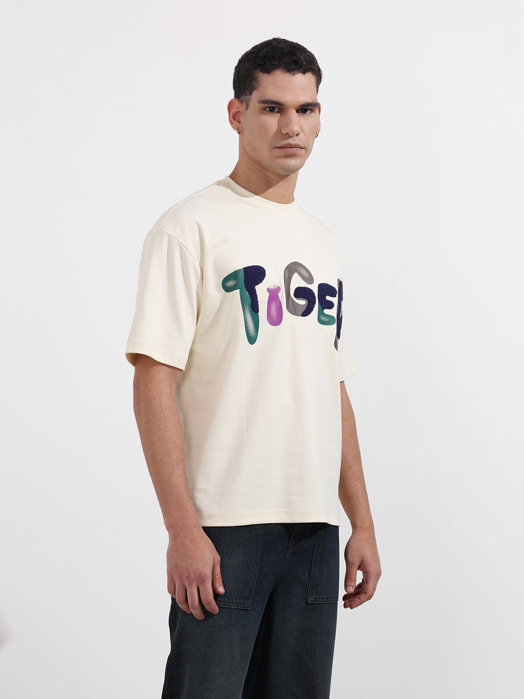 Men's Cream Relaxed Fit Embroided 240 GSM Casual T-Shirt