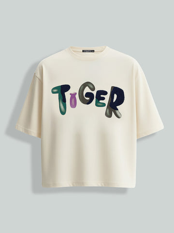 Men's Cream Relaxed Fit Embroided 240 GSM Casual T-Shirt