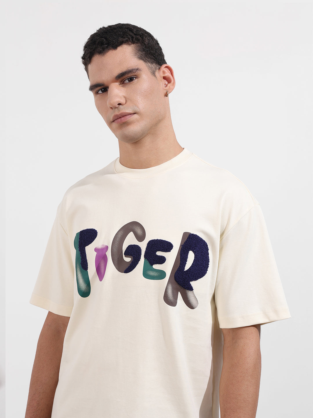 Men's Cream Relaxed Fit Embroided 240 GSM Casual T-Shirt