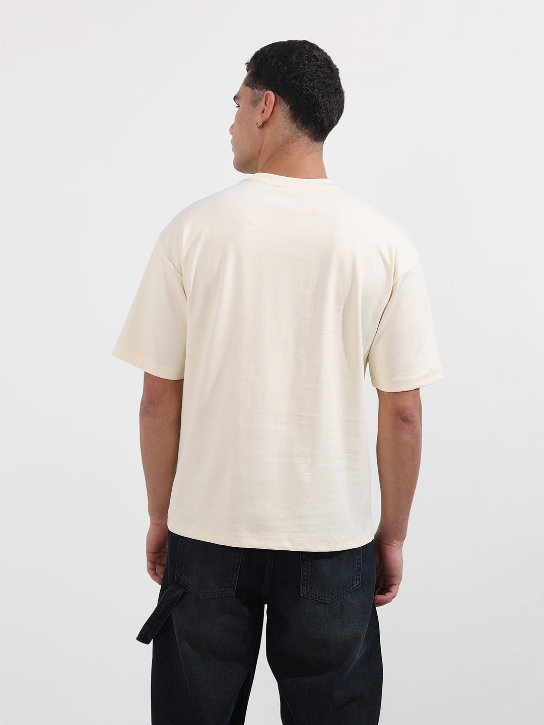 Men's Cream Relaxed Fit Embroided 240 GSM Casual T-Shirt