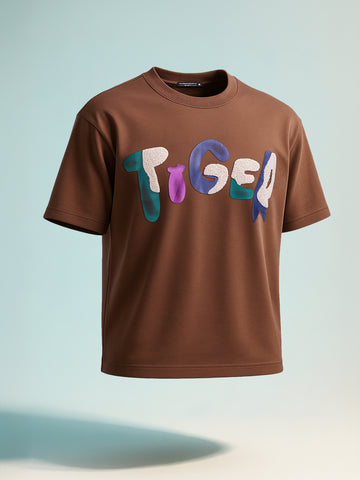 Men's Brown Relaxed Fit Embroided 240 GSM Casual T-Shirt
