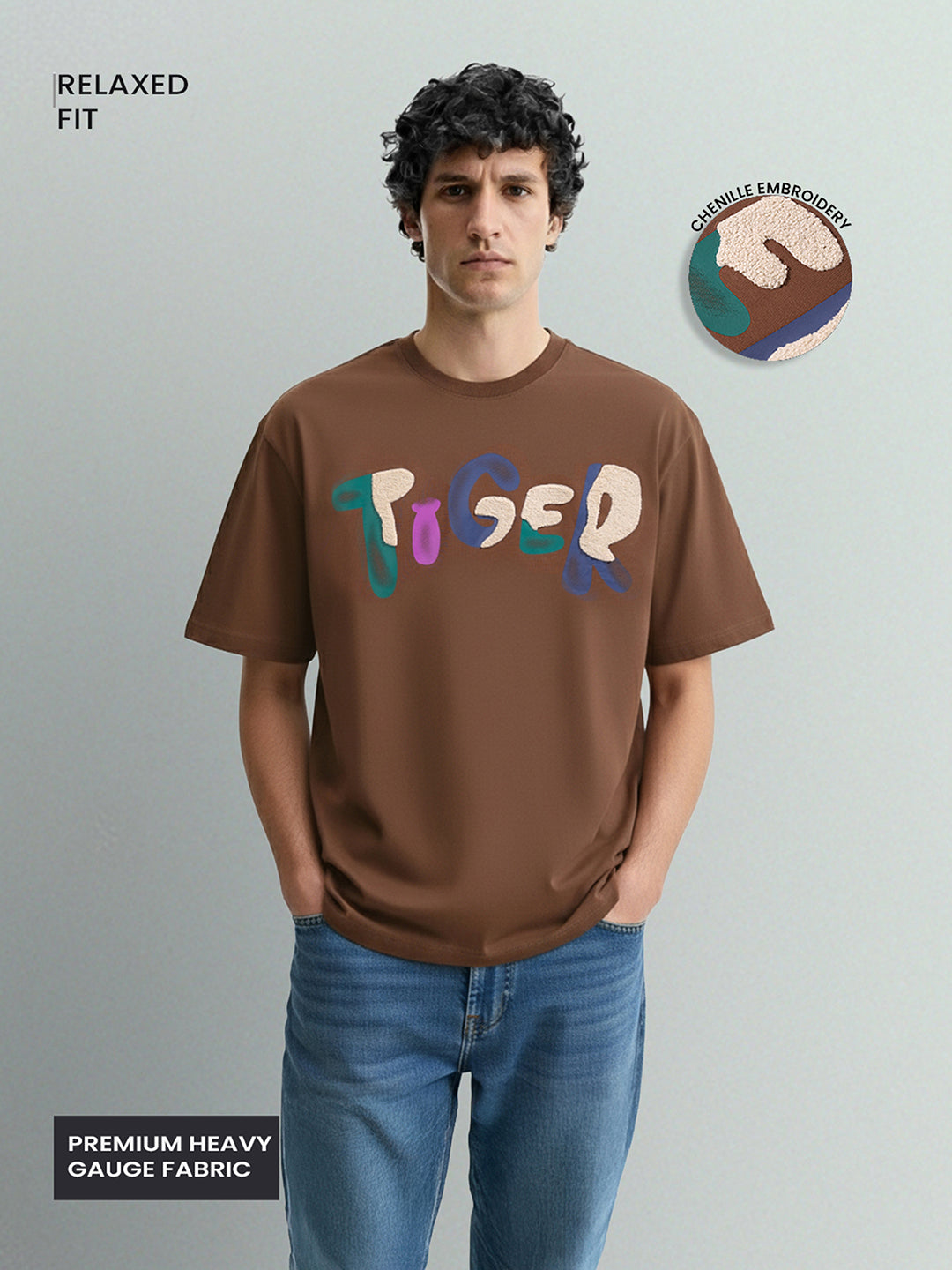 Men's Brown Relaxed Fit Embroided 240 GSM Casual T-Shirt