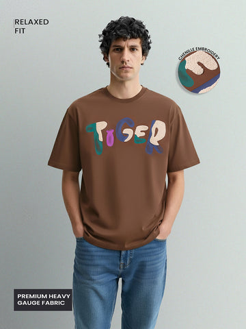 Men's Brown Relaxed Fit Embroided 240 GSM Casual T-Shirt
