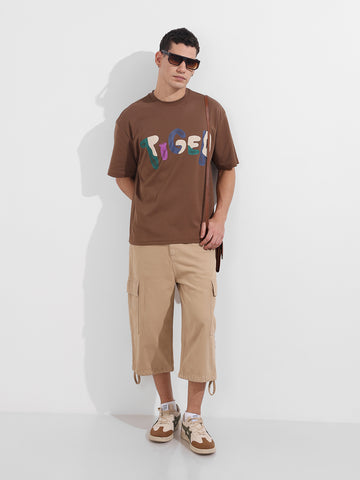 Men's Brown Relaxed Fit Embroided 240 GSM Casual T-Shirt