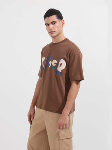 Men's Brown Relaxed Fit Embroided 240 GSM Casual T-Shirt