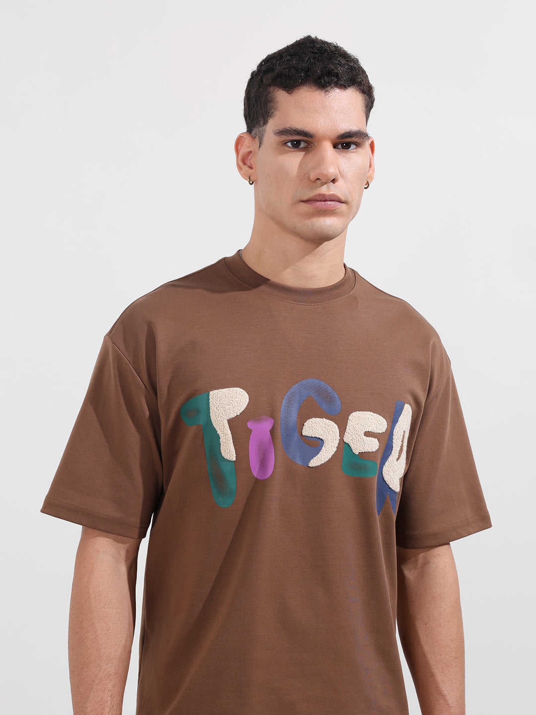 Men's Brown Relaxed Fit Embroided 240 GSM Casual T-Shirt